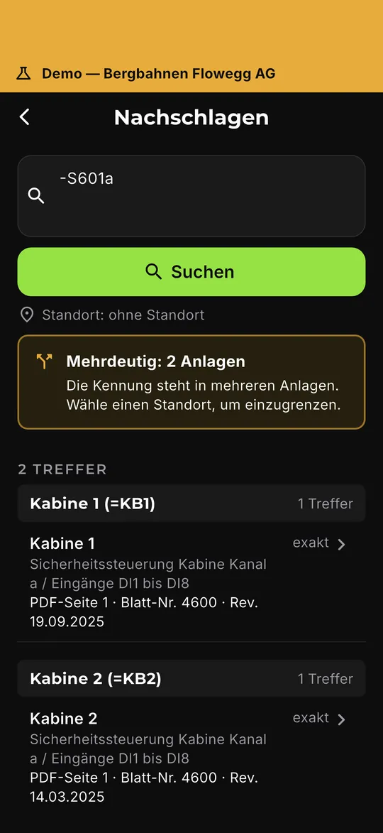 Nachschlagen: Kennung -S601a eingeben, zwei Treffer in der Demo-Anlage Flowegg