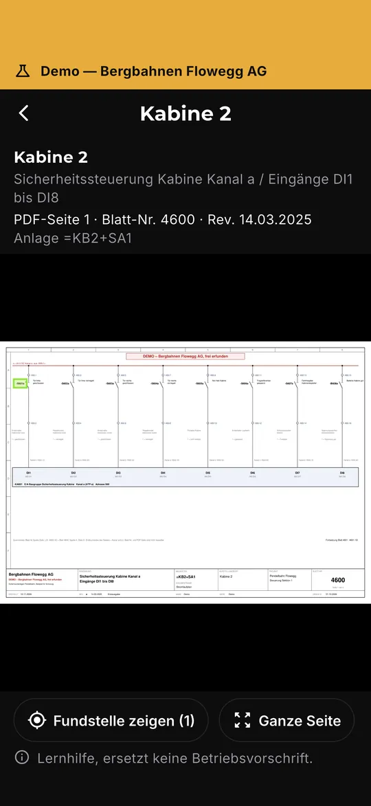 Schemaseite Kabine 2 mit markierter Fundstelle, Demo-Anlage Flowegg