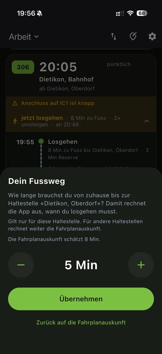 Dialog «Dein Fussweg»: Wie lange brauchst du von zuhause bis zur Haltestelle Dietikon, Oberdorf? Die Fahrplanauskunft schätzt 8 Minuten, eingestellt sind 5 Minuten.