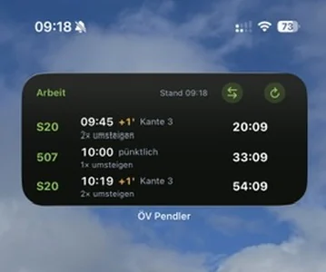 Die Kachel auf dem Homescreen eines iPhones: drei Verbindungen mit Zeit, Verspätung und Kante, rechts der mitlaufende Countdown.