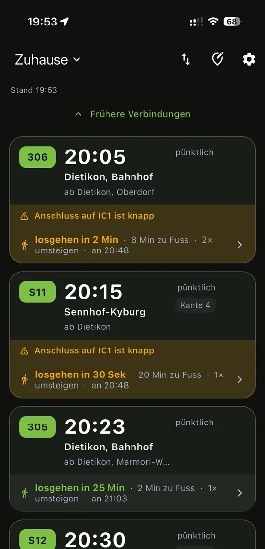 Verbindungsliste: Bus 306 um 20:05 nach Dietikon, darunter in Grün «losgehen in 2 Min», 8 Min zu Fuss, zweimal umsteigen, an 20:48 – mit amber Warnung, dass der Anschluss auf den IC1 knapp ist.